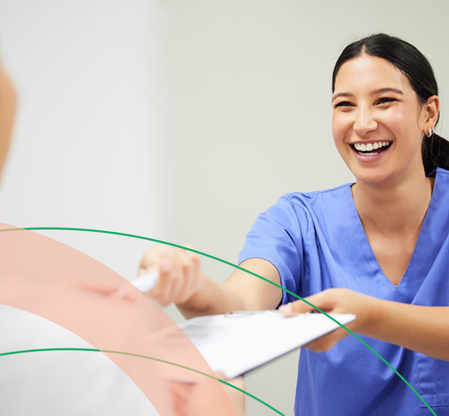 Nurse handing over clipboard